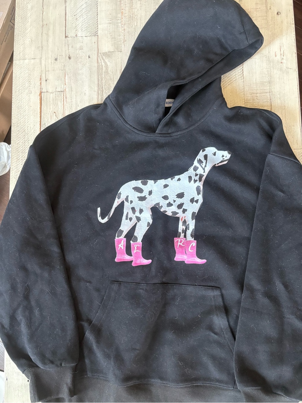 Aelfric Eden black pullover hoodie with Dalmatian in pink rain boots Medium